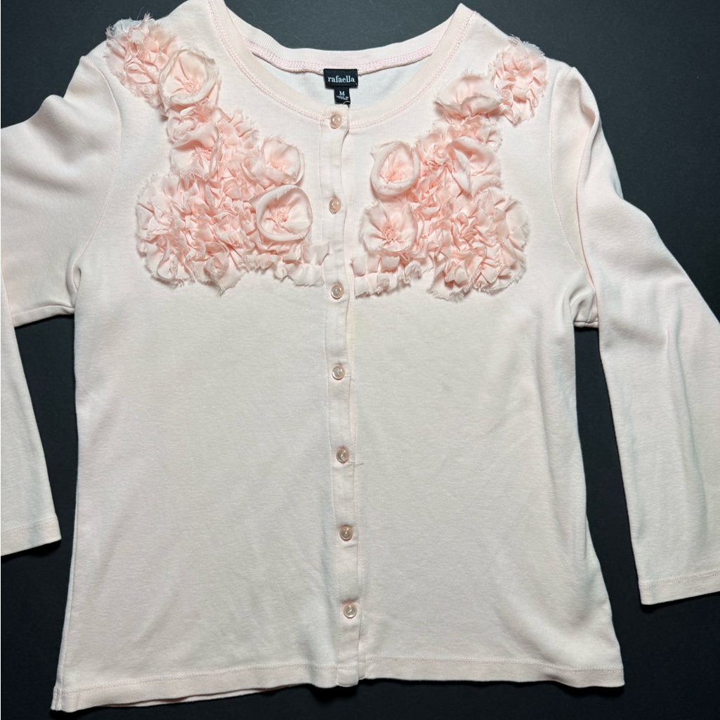 Rafaella Pink Foral Appliqu Cardigan 100% Cotton Size Medium